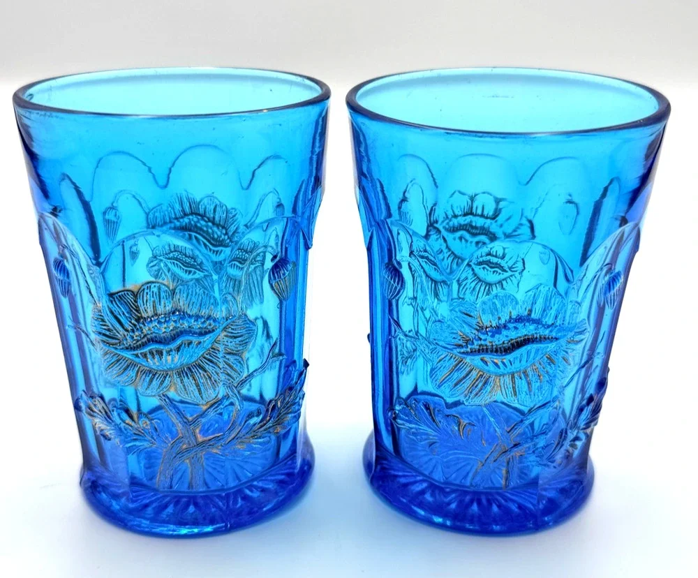 Antique Northwood Electric Celeste Blue Oriental Poppy Glass Tumblers EAPG Flora